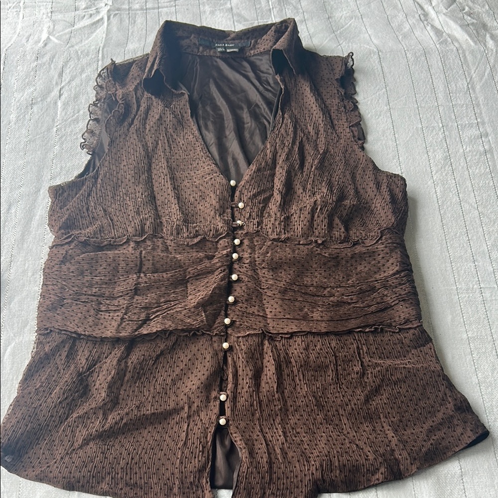 Brown Sleeveless Button-Up Top